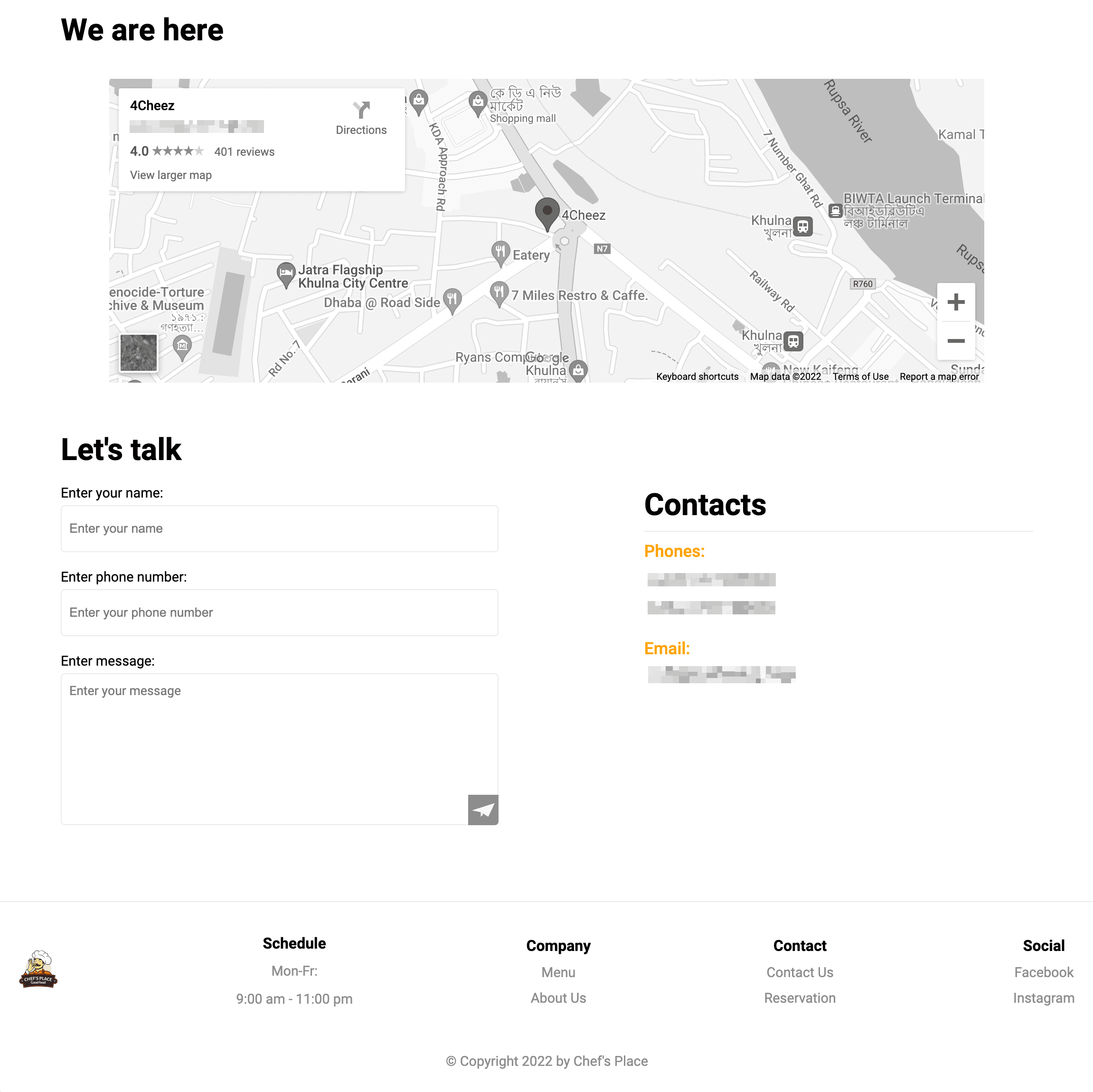 Chefs place map and contact form
